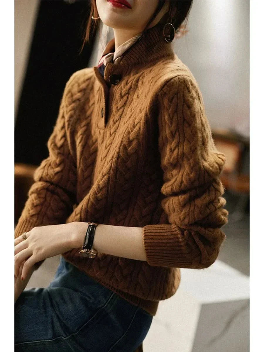 Julia | Cable Knit Sweater High Neck Button Front Pullover Women Winter Warm Long Sleeve