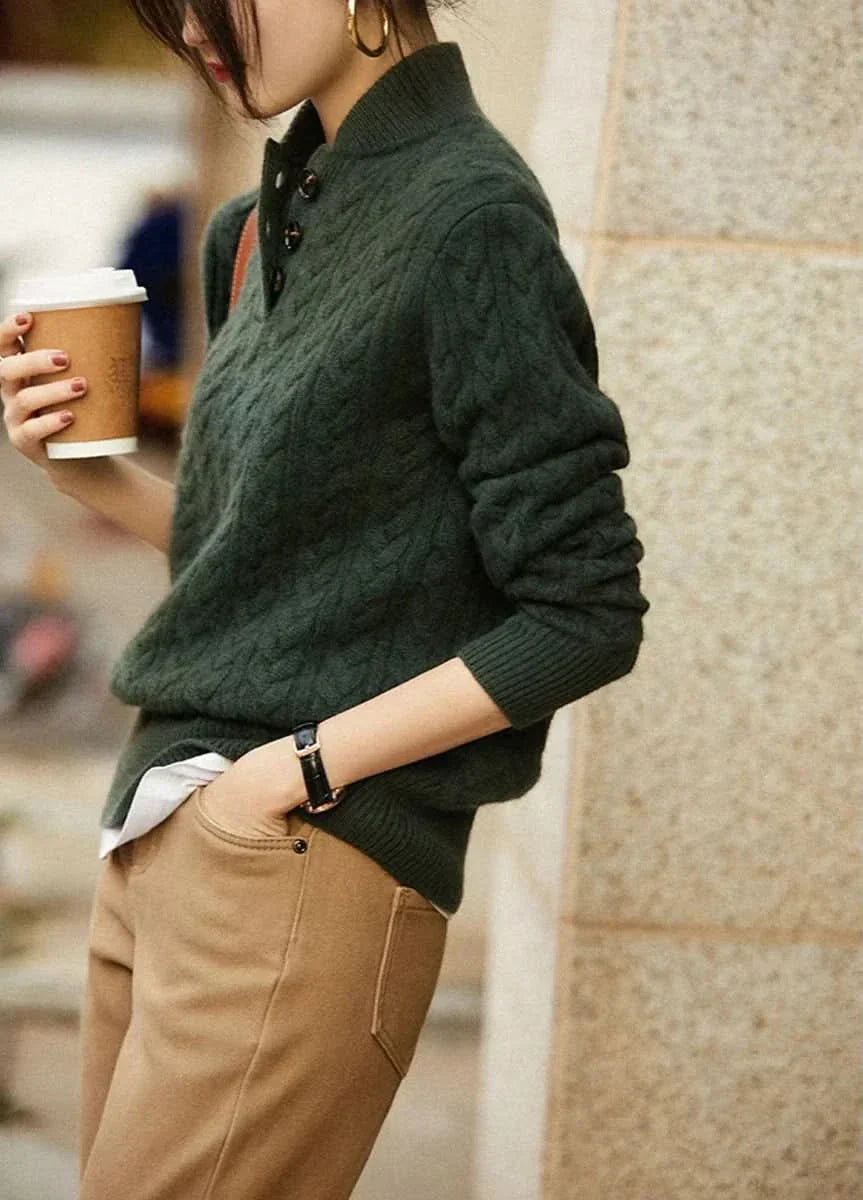 Julia | Cable Knit Sweater High Neck Button Front Pullover Women Winter Warm Long Sleeve