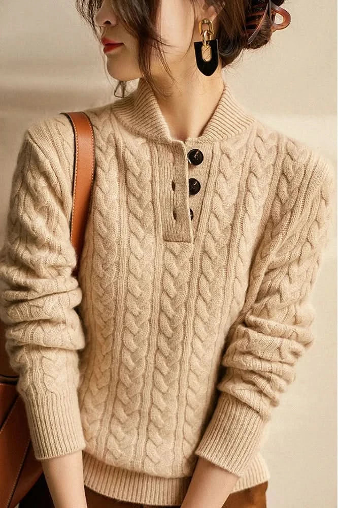 Julia | Cable Knit Sweater High Neck Button Front Pullover Women Winter Warm Long Sleeve