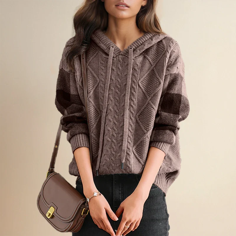 Harlow | Cable Knit Sweater Hoodie Hooded Plaid Pullover Women Winter Warm Long Sleeve Drawstring
