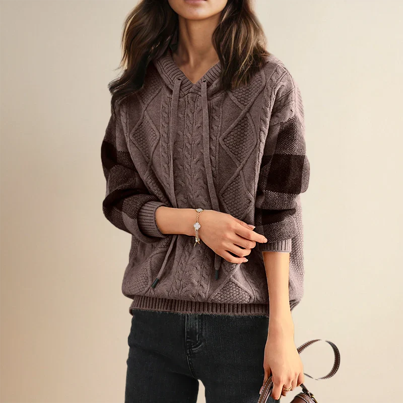 Harlow | Cable Knit Sweater Hoodie Hooded Plaid Pullover Women Winter Warm Long Sleeve Drawstring