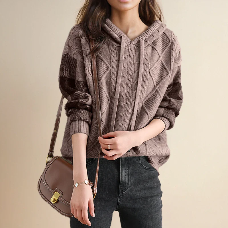 Harlow | Cable Knit Sweater Hoodie Hooded Plaid Pullover Women Winter Warm Long Sleeve Drawstring
