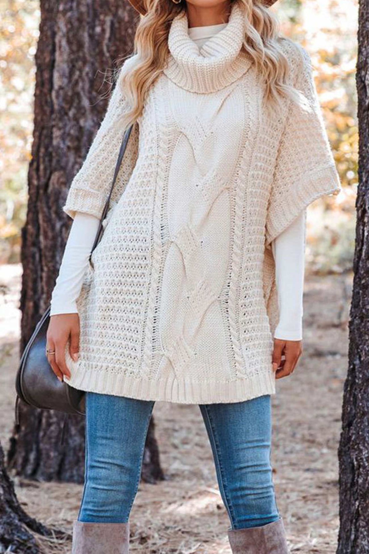 Noor | Cable Knit Sweater Poncho Turtleneck Oversized Women Winter Warm Knit Hi-Lo Hem Pullover