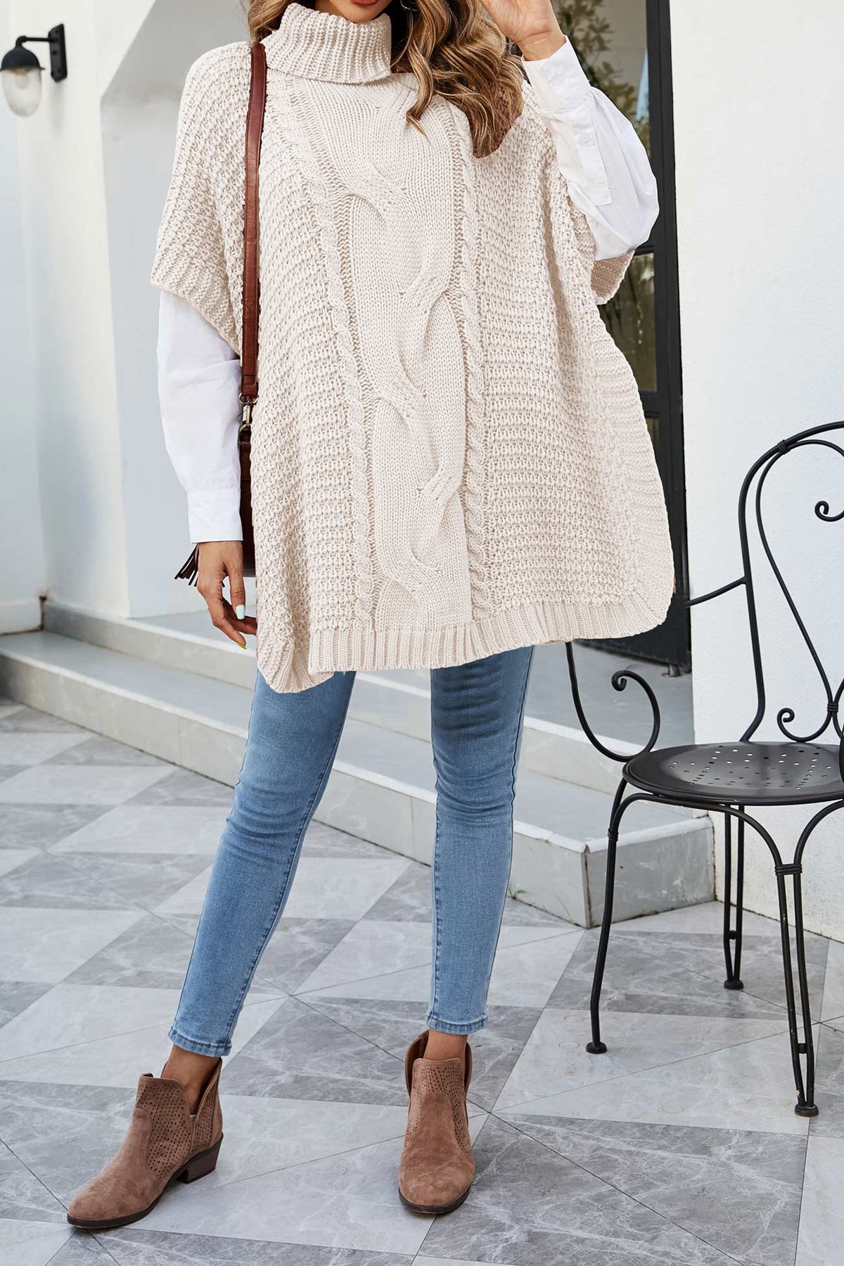 Noor | Cable Knit Sweater Poncho Turtleneck Oversized Women Winter Warm Knit Hi-Lo Hem Pullover