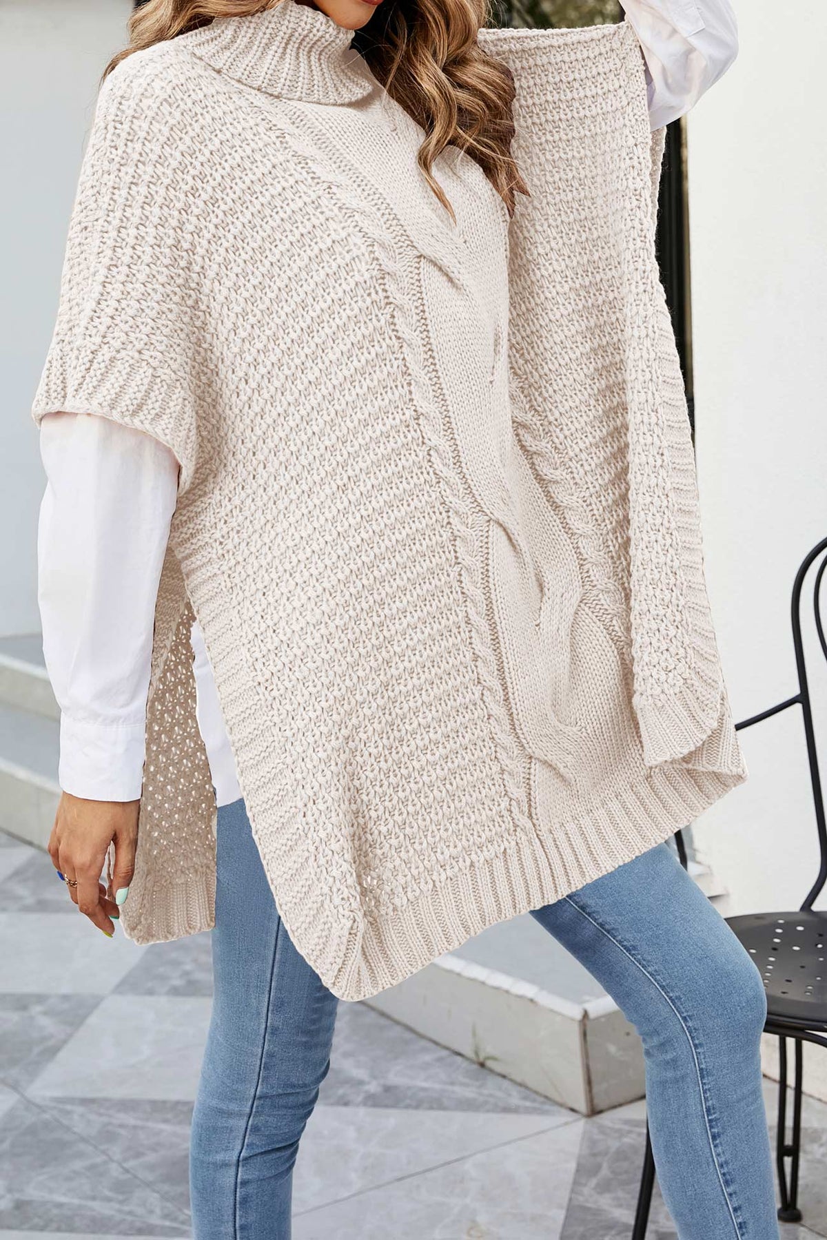 Noor | Cable Knit Sweater Poncho Turtleneck Oversized Women Winter Warm Knit Hi-Lo Hem Pullover