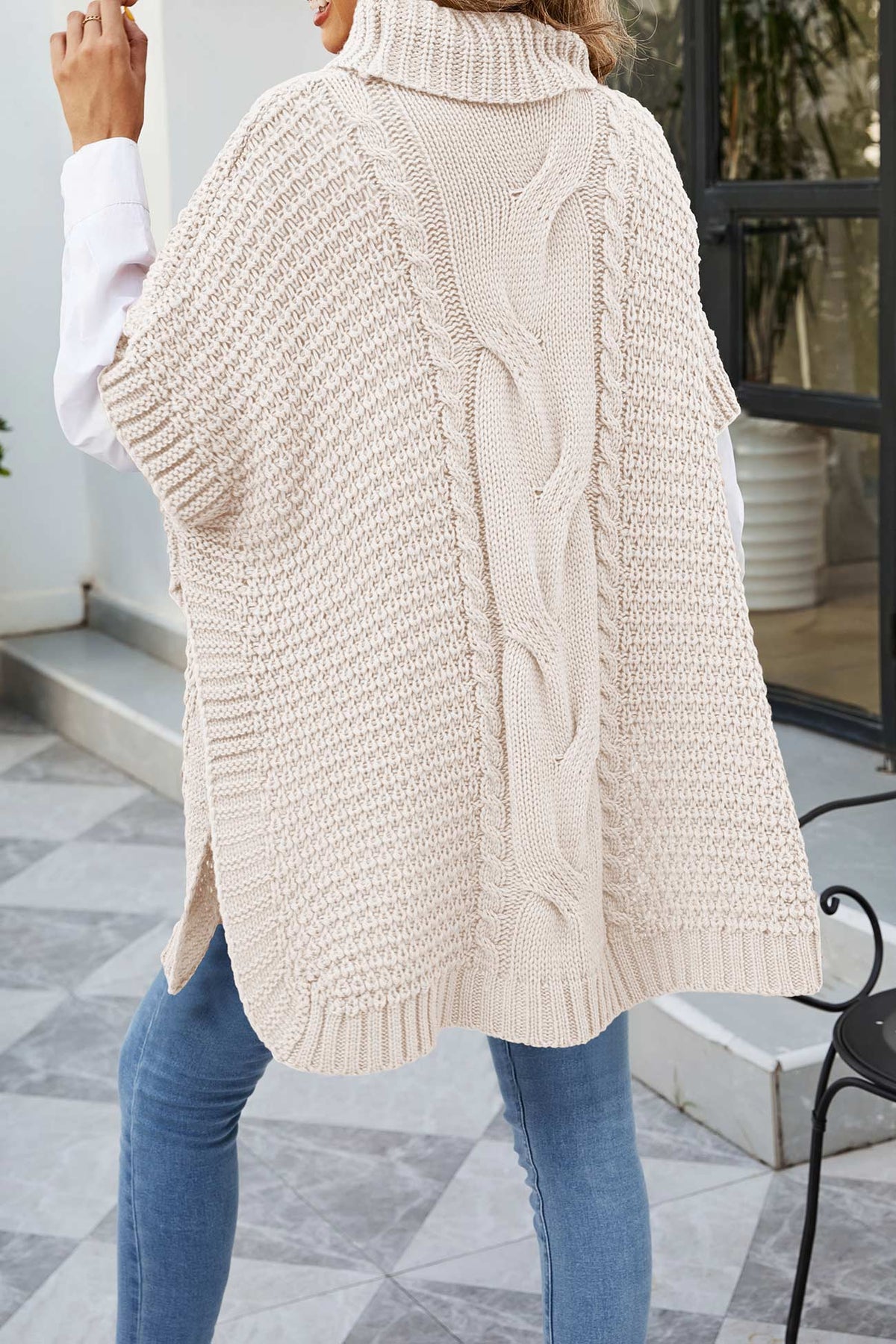 Noor | Cable Knit Sweater Poncho Turtleneck Oversized Women Winter Warm Knit Hi-Lo Hem Pullover