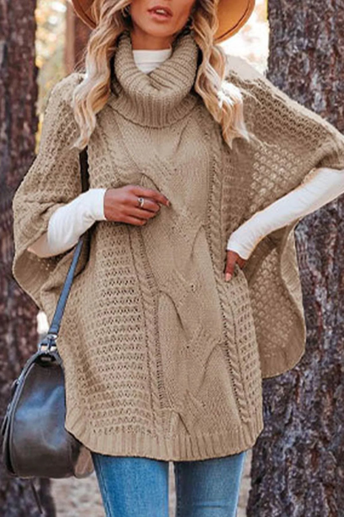 Noor | Cable Knit Sweater Poncho Turtleneck Oversized Women Winter Warm Knit Hi-Lo Hem Pullover