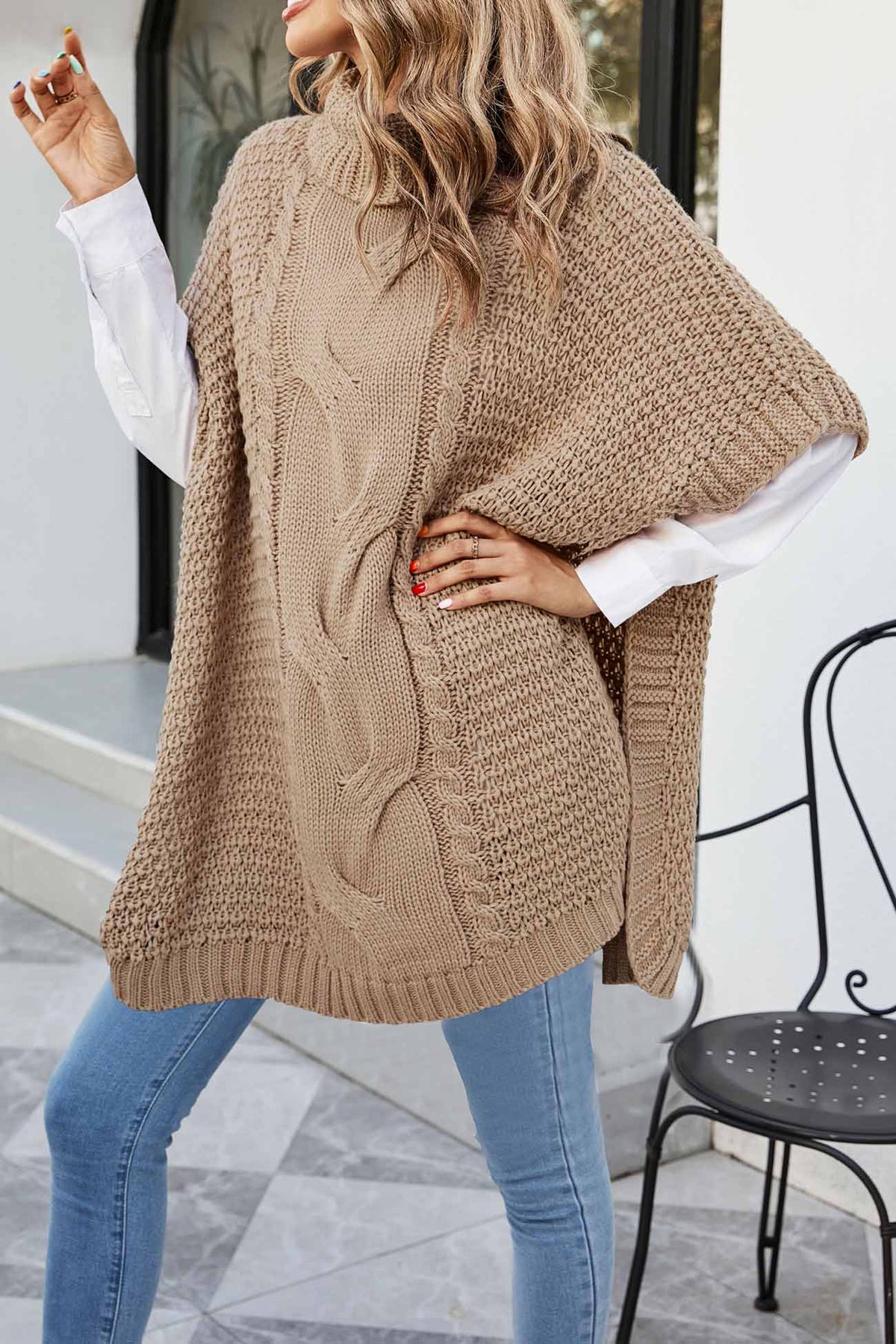 Noor | Cable Knit Sweater Poncho Turtleneck Oversized Women Winter Warm Knit Hi-Lo Hem Pullover