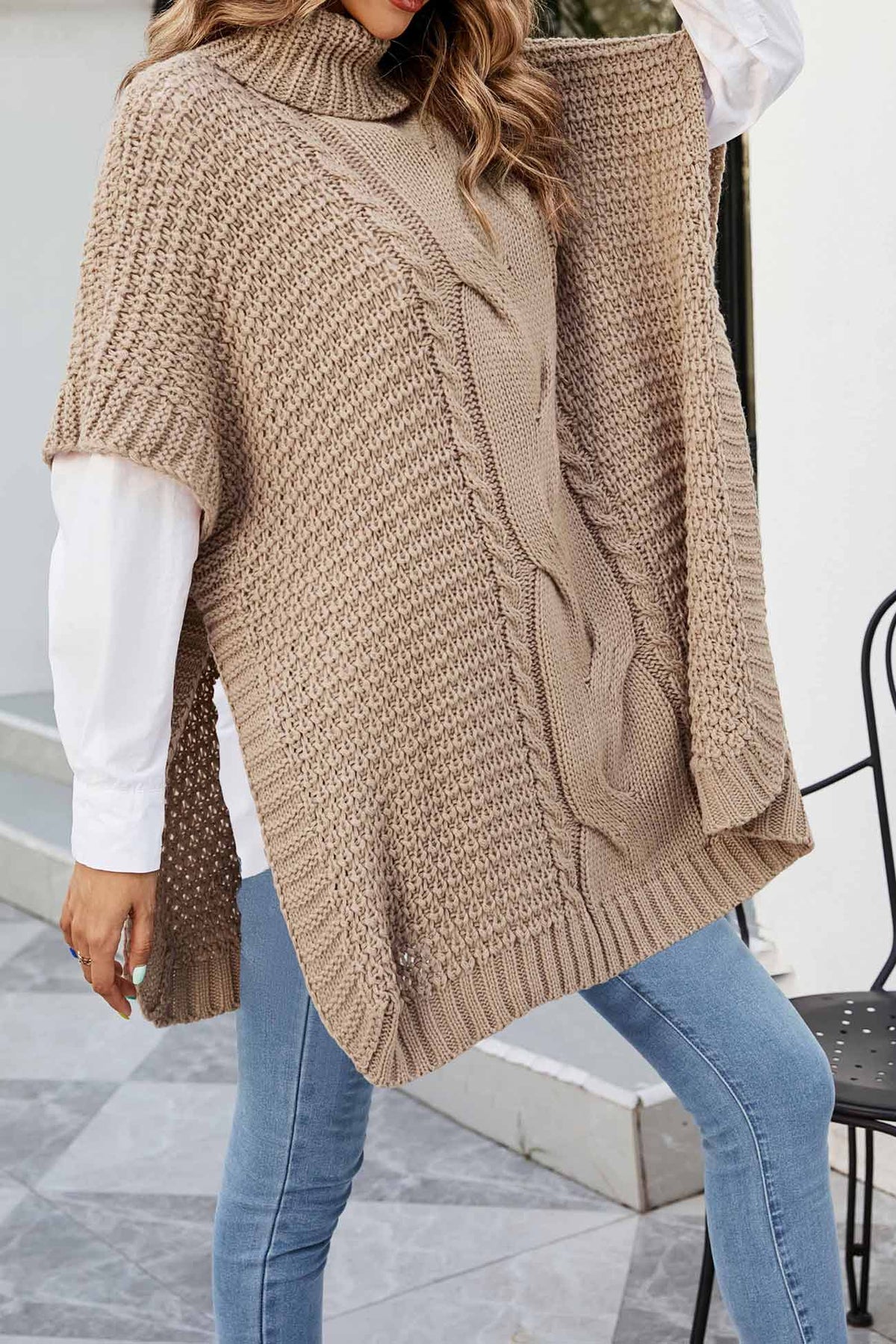 Noor | Cable Knit Sweater Poncho Turtleneck Oversized Women Winter Warm Knit Hi-Lo Hem Pullover