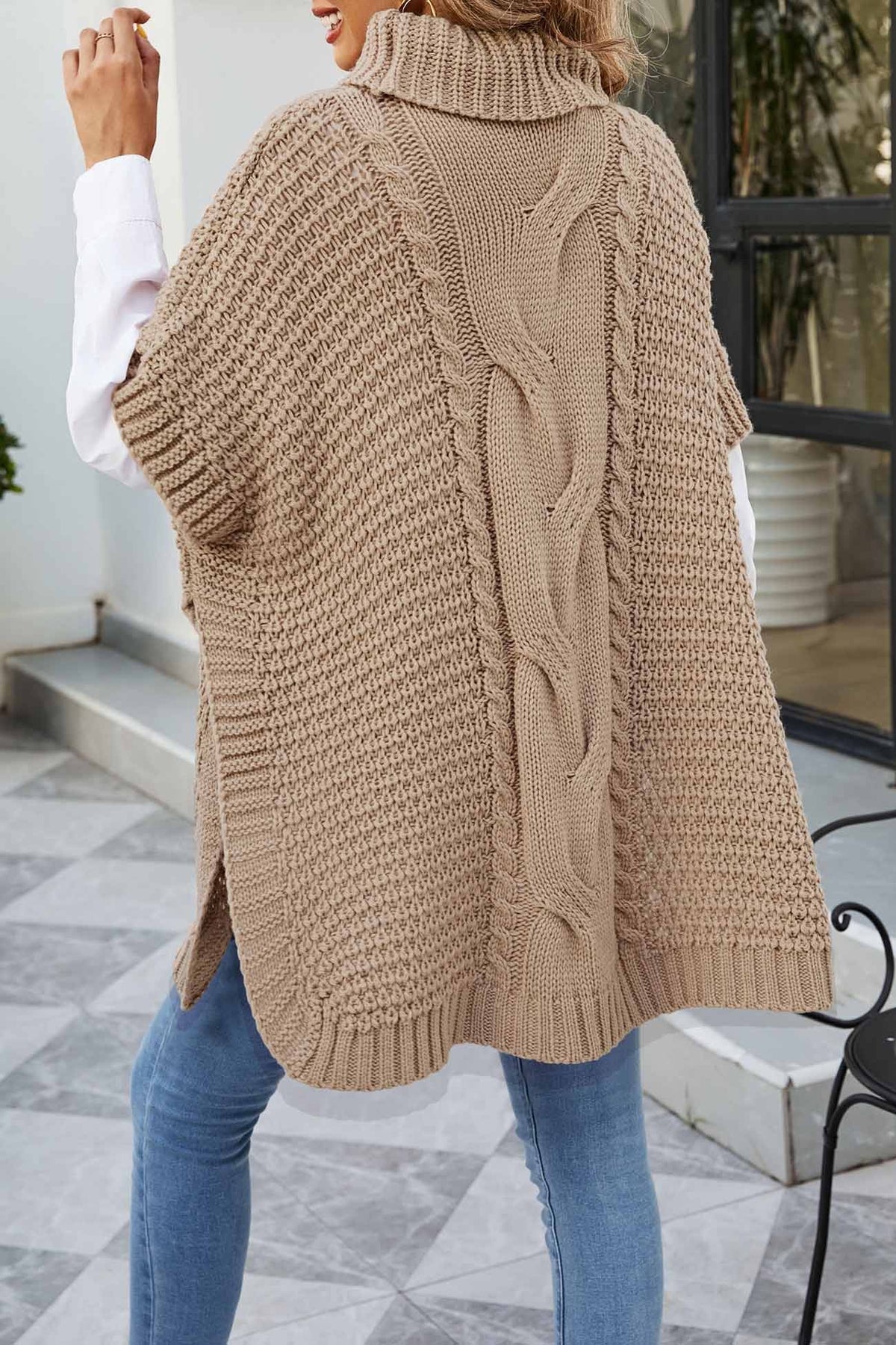 Noor | Cable Knit Sweater Poncho Turtleneck Oversized Women Winter Warm Knit Hi-Lo Hem Pullover