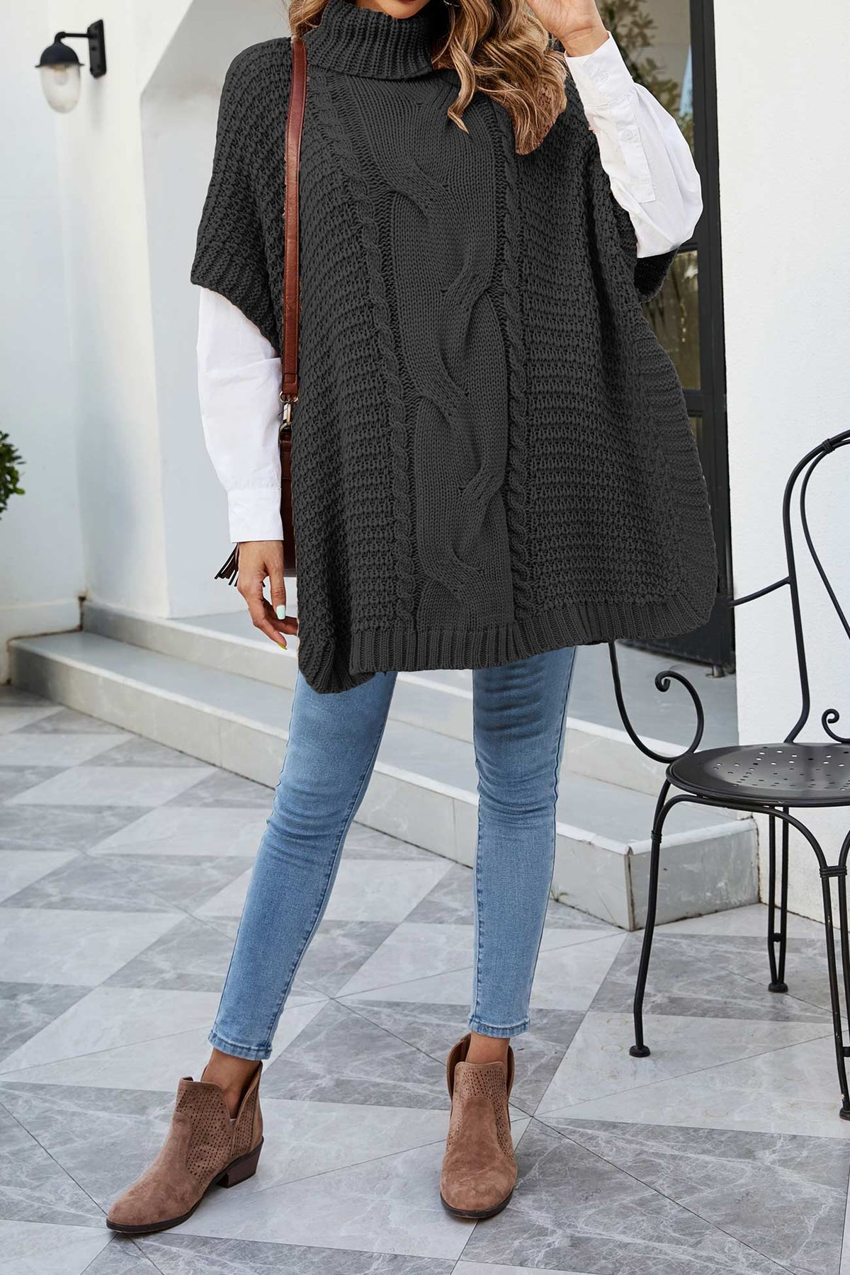 Noor | Cable Knit Sweater Poncho Turtleneck Oversized Women Winter Warm Knit Hi-Lo Hem Pullover