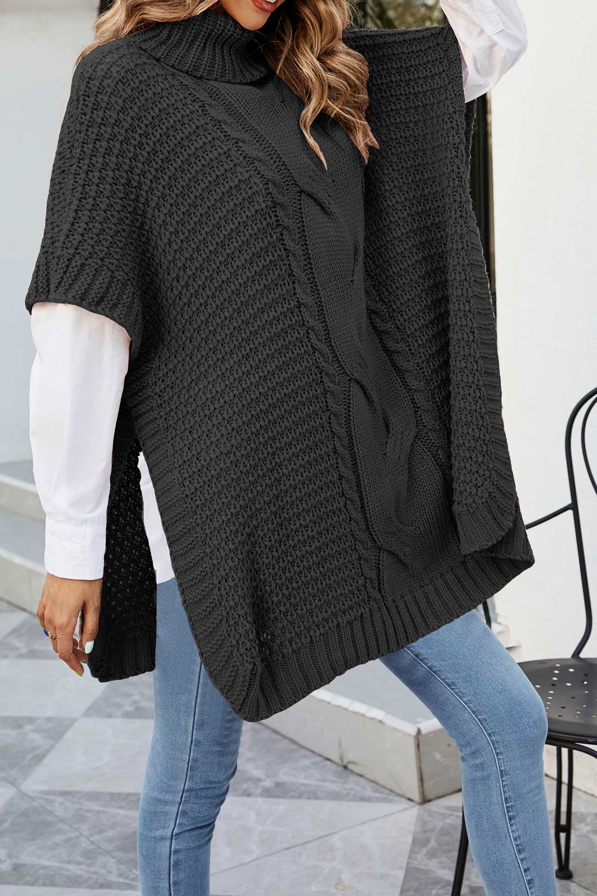 Noor | Cable Knit Sweater Poncho Turtleneck Oversized Women Winter Warm Knit Hi-Lo Hem Pullover