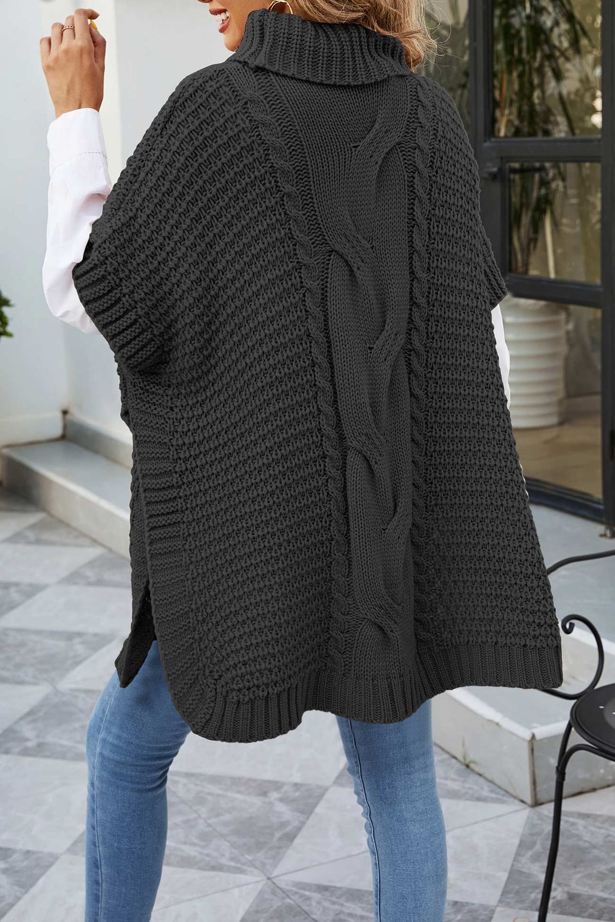 Noor | Cable Knit Sweater Poncho Turtleneck Oversized Women Winter Warm Knit Hi-Lo Hem Pullover