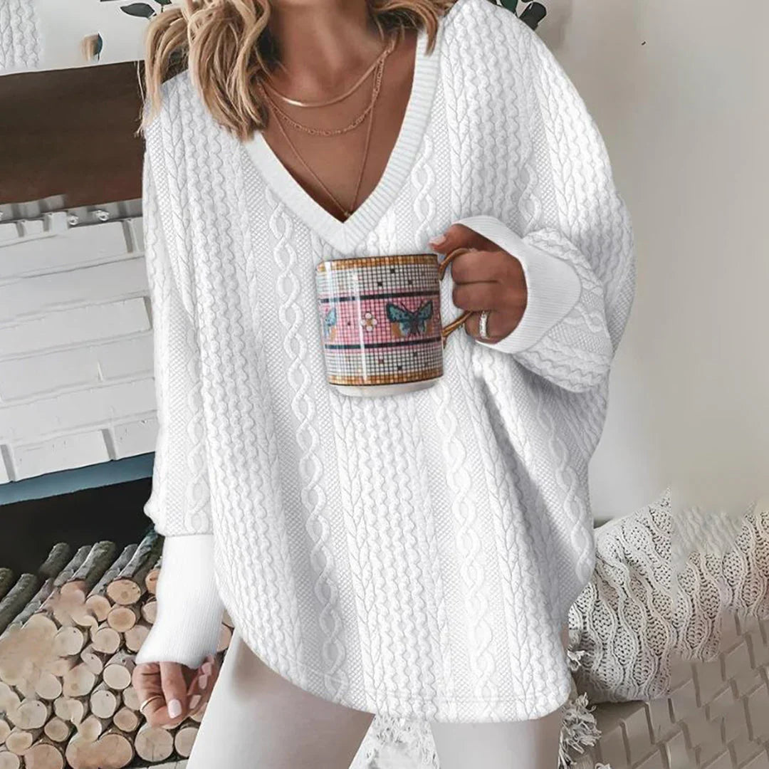 Dakota | Cable Knit Sweater Oversized V-Neck Pullover Women Winter Warm Long Sleeve Knit White