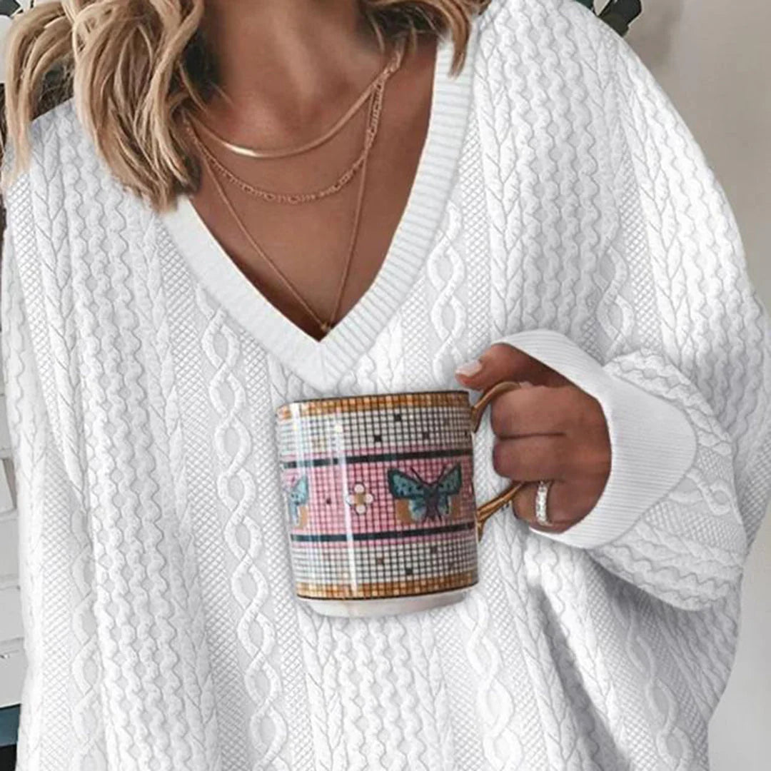 Dakota | Cable Knit Sweater Oversized V-Neck Pullover Women Winter Warm Long Sleeve Knit White