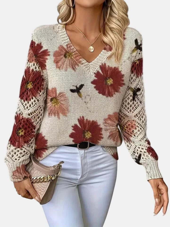 Rosa | Knit Cardigan Sweater Floral V-Neck Long Sleeve Women Winter Warm Open Weave Layering