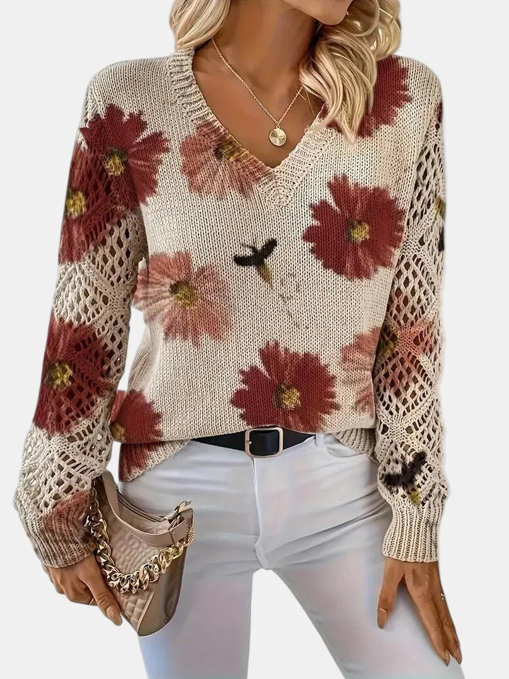 Rosa | Knit Cardigan Sweater Floral V-Neck Long Sleeve Women Winter Warm Open Weave Layering