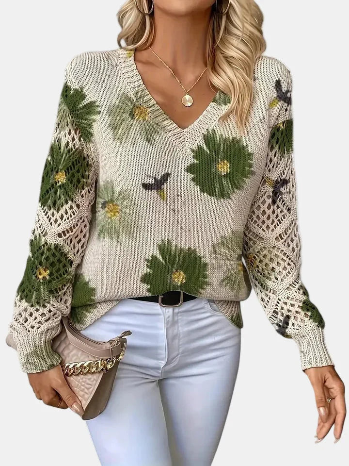 Rosa | Knit Cardigan Sweater Floral V-Neck Long Sleeve Women Winter Warm Open Weave Layering