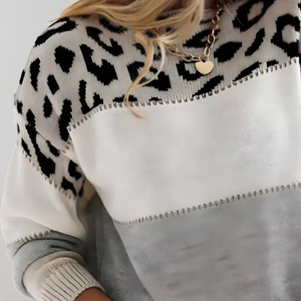 Ruby | Knit Cardigan Sweater Leopard Print Color Block Crew Neck Women Winter Warm Long