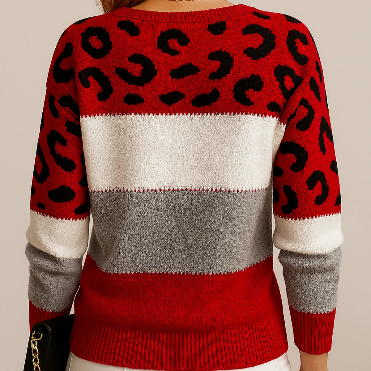 Ruby | Knit Cardigan Sweater Leopard Print Color Block Crew Neck Women Winter Warm Long