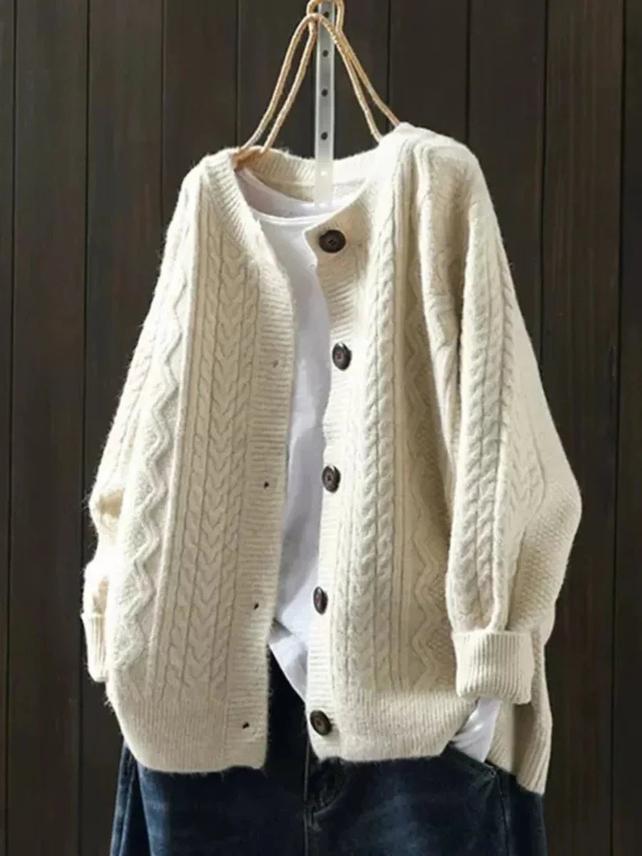 Nina | Cable Knit Cardigan Sweater Oversized Button Front Crew Neck Women Winter Warm Long