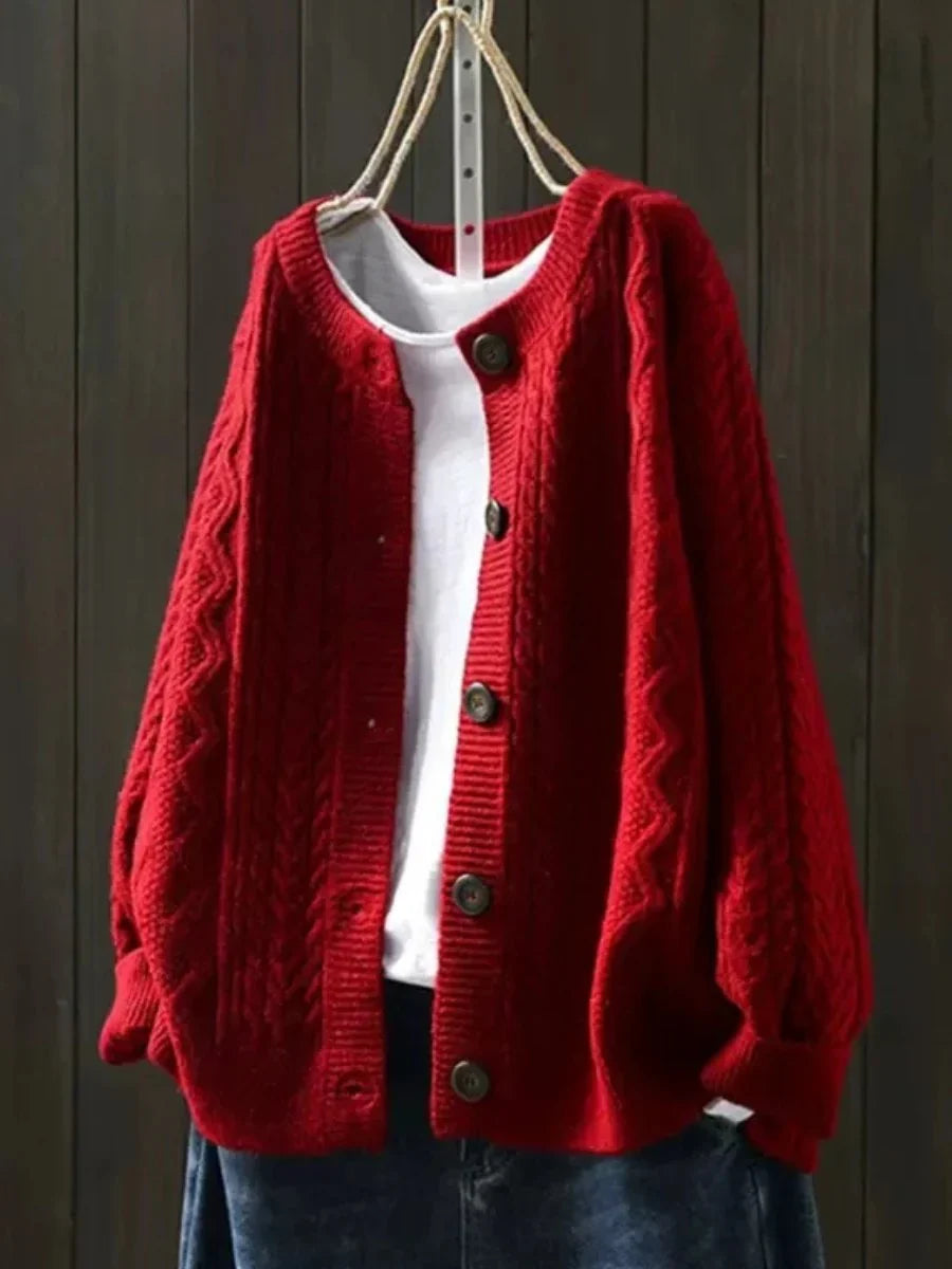 Nina | Cable Knit Cardigan Sweater Oversized Button Front Crew Neck Women Winter Warm Long