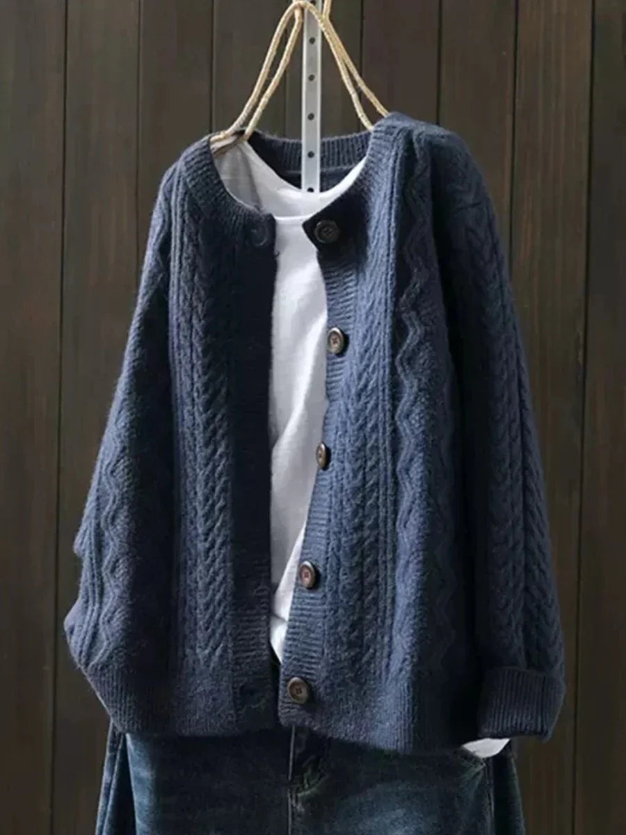 Nina | Cable Knit Cardigan Sweater Oversized Button Front Crew Neck Women Winter Warm Long