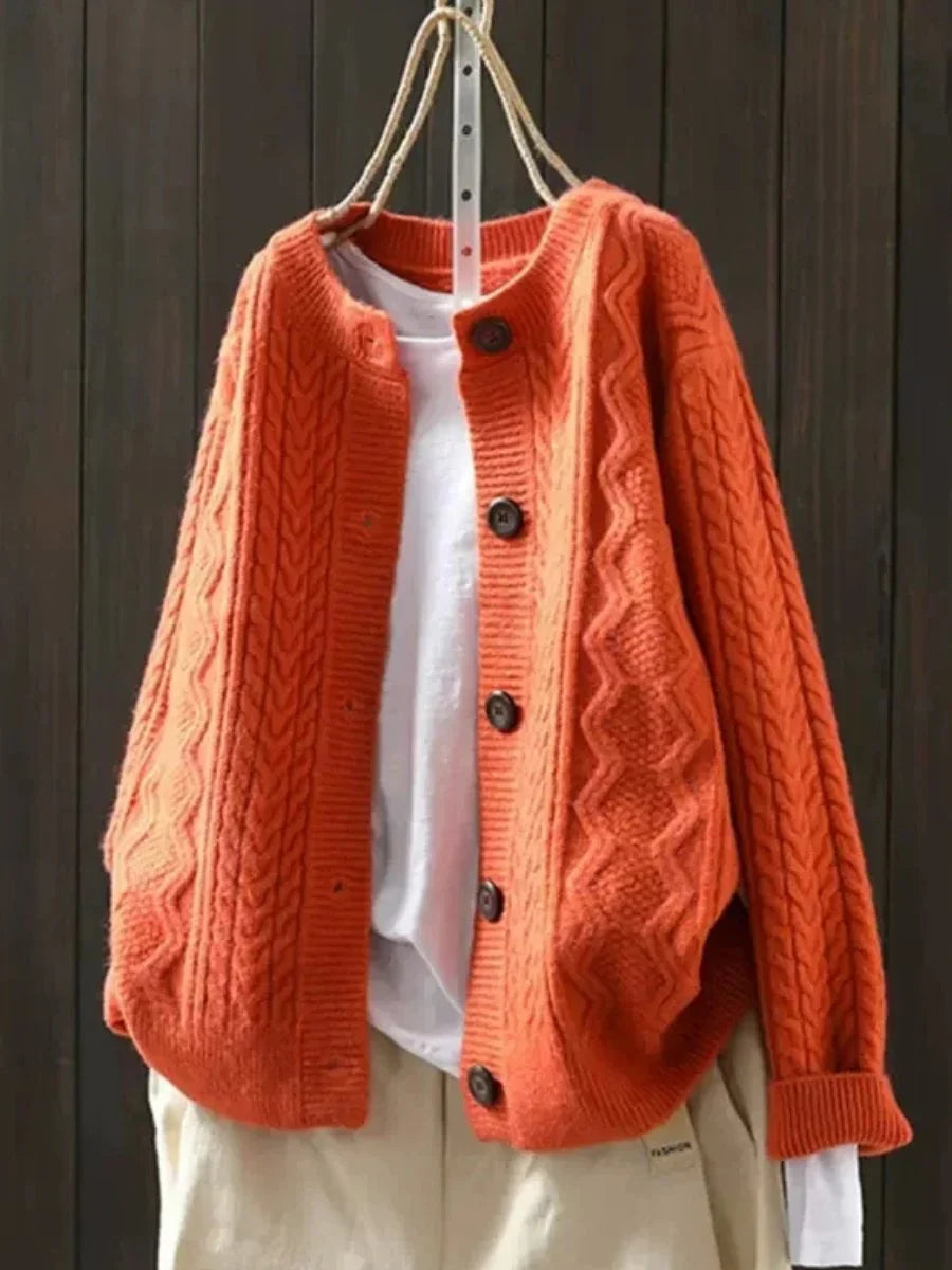Nina | Cable Knit Cardigan Sweater Oversized Button Front Crew Neck Women Winter Warm Long
