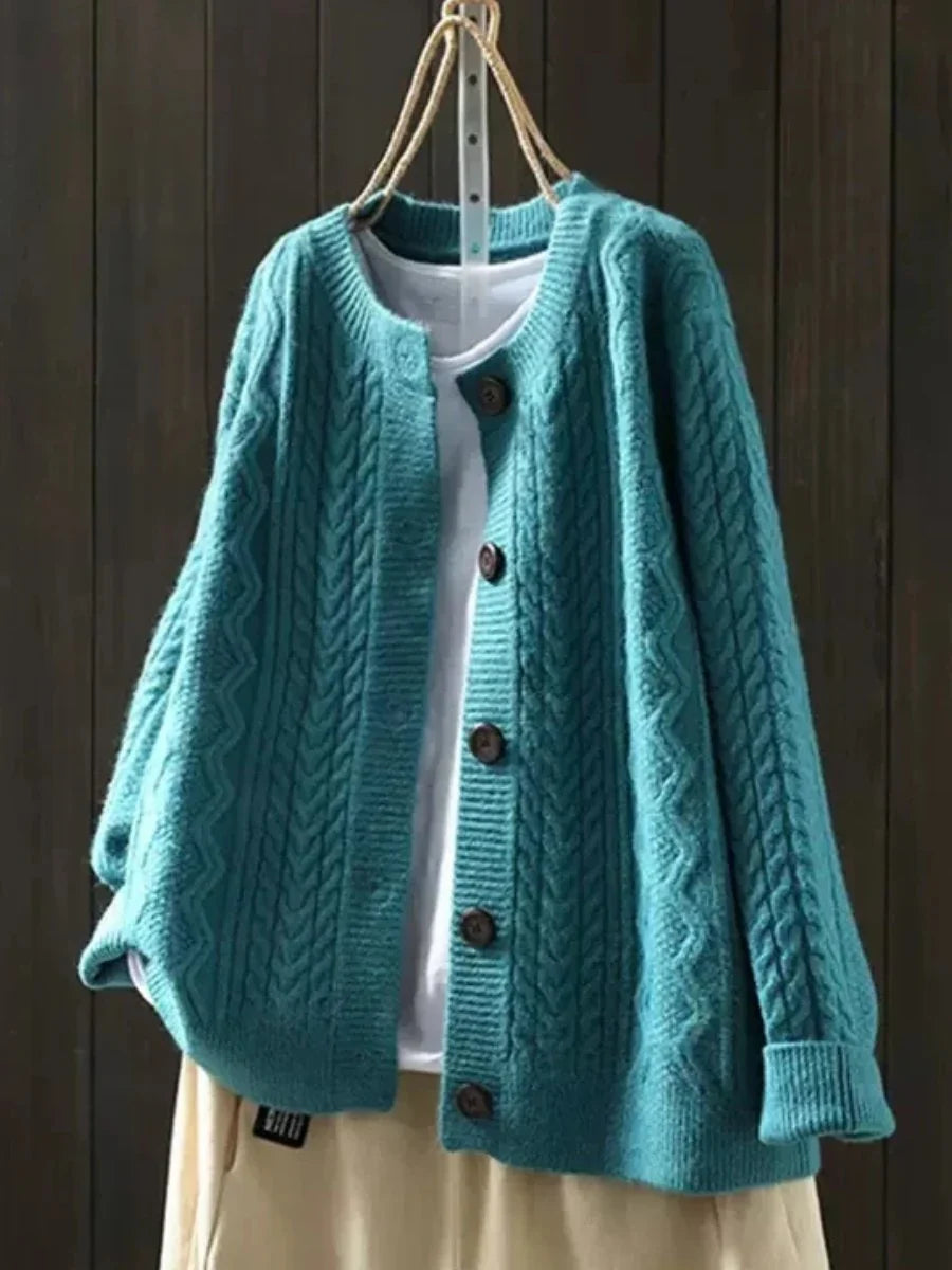 Nina | Cable Knit Cardigan Sweater Oversized Button Front Crew Neck Women Winter Warm Long