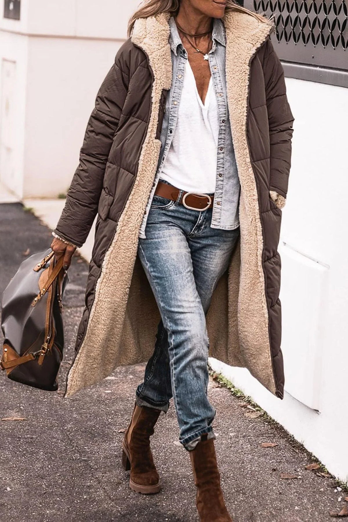 Kira | Puffer Coat Puffer Jacket Quilted Winter Warm Hooded Longline Reversible Sherpa Lined Zip