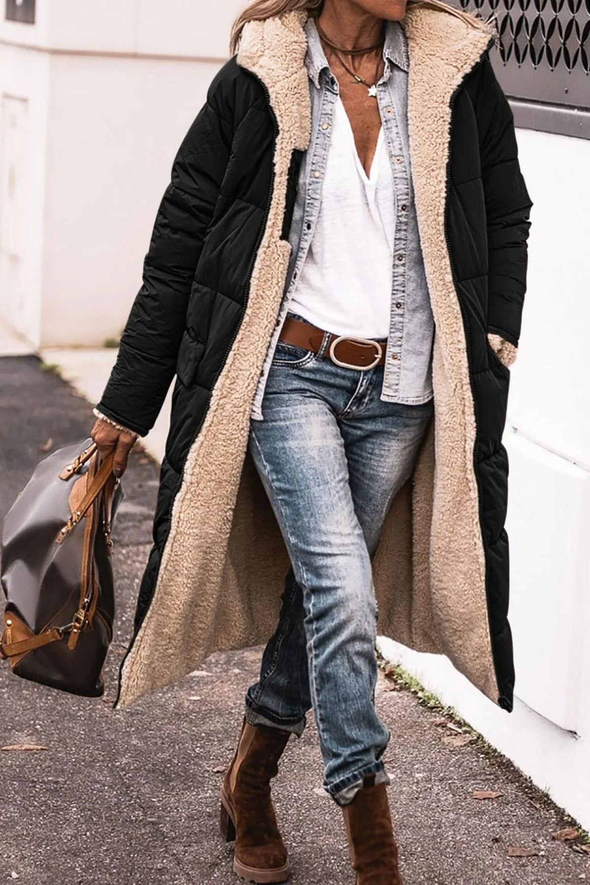 Kira | Puffer Coat Puffer Jacket Quilted Winter Warm Hooded Longline Reversible Sherpa Lined Zip