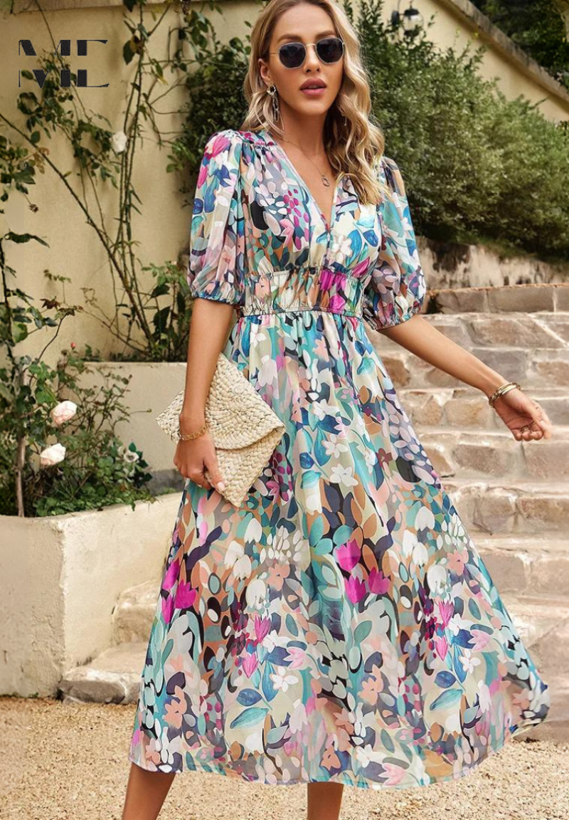 Jolene | Wedding Guest Dress Midi Dress Women Floral V-Neck Short Sleeve Formal Fall Winter