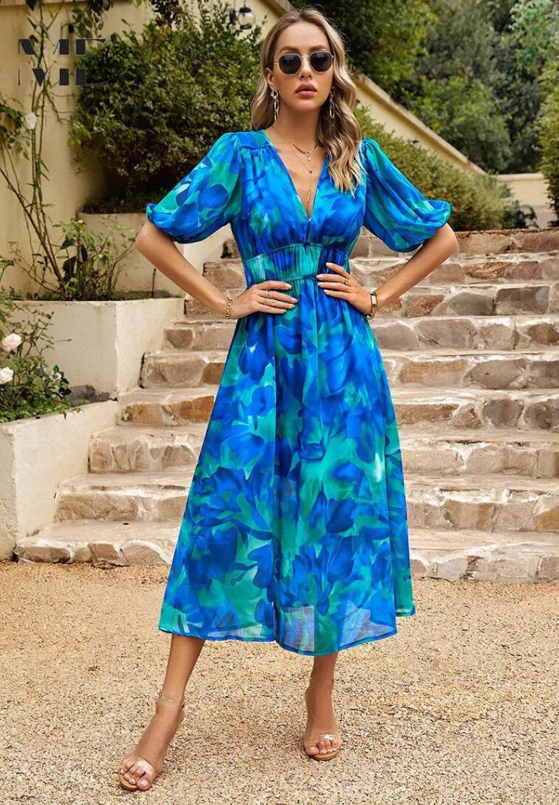 Jolene | Wedding Guest Dress Midi Dress Women Floral V-Neck Short Sleeve Formal Fall Winter