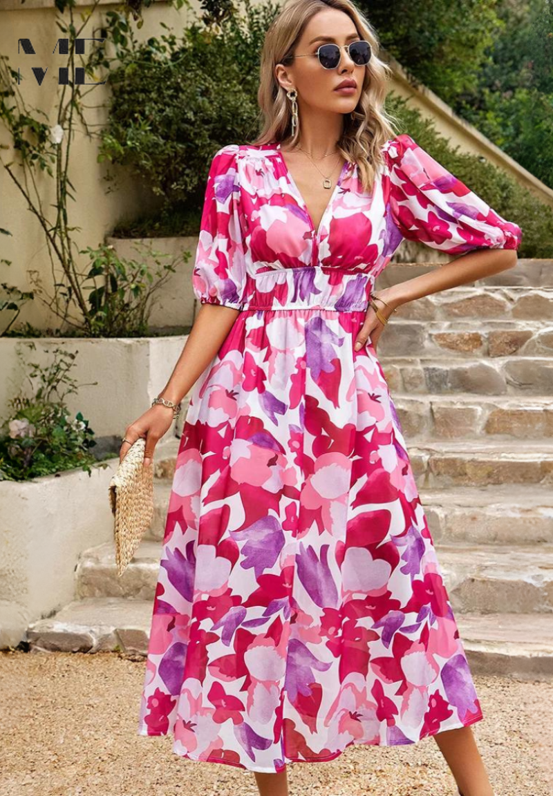 Jolene | Wedding Guest Dress Midi Dress Women Floral V-Neck Short Sleeve Formal Fall Winter