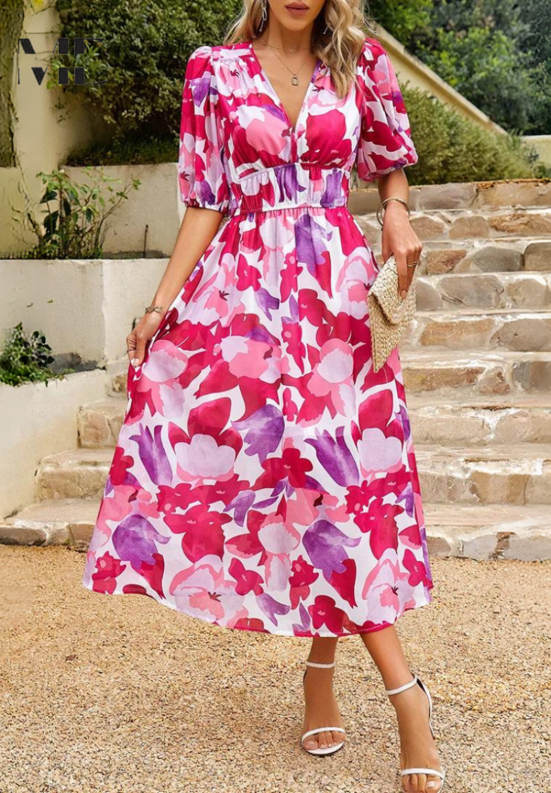Jolene | Wedding Guest Dress Midi Dress Women Floral V-Neck Short Sleeve Formal Fall Winter
