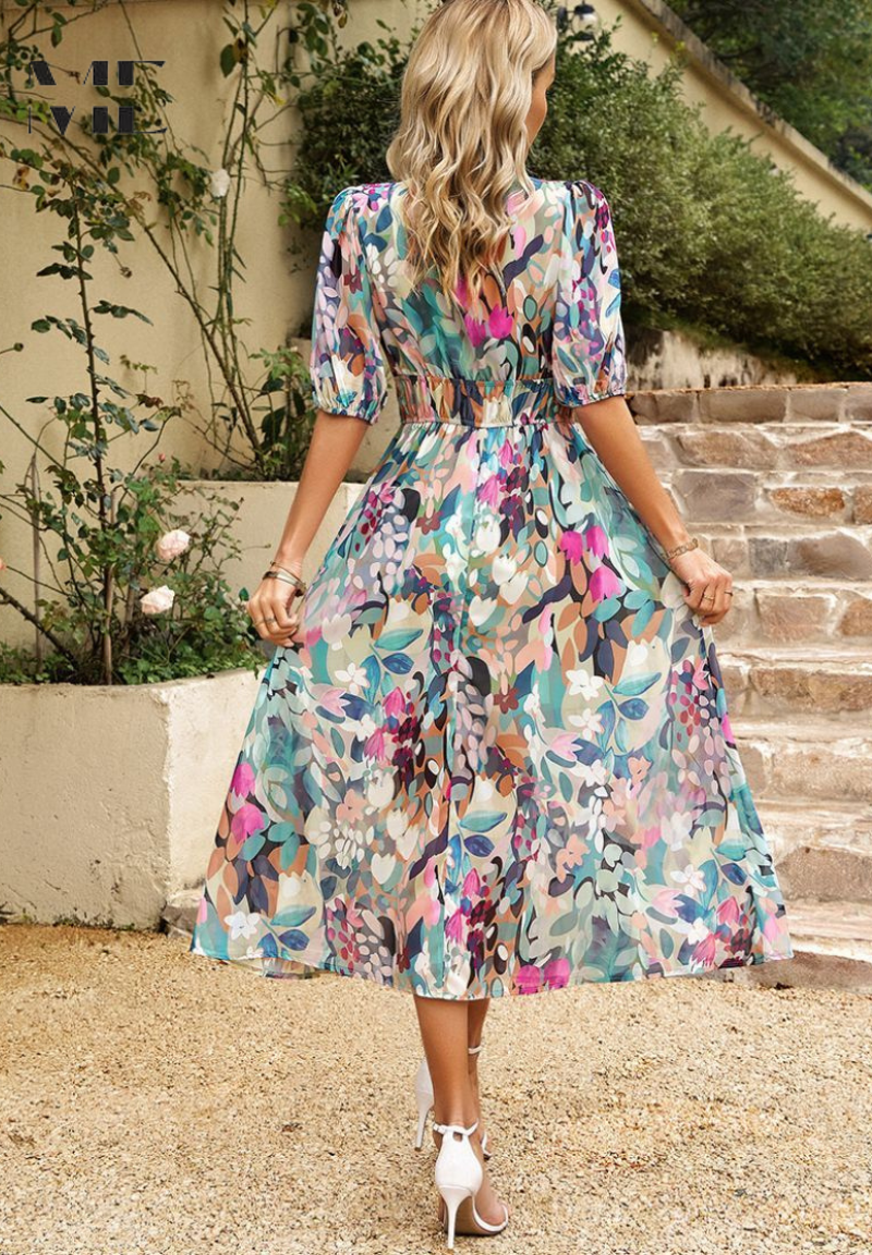 Jolene | Wedding Guest Dress Midi Dress Women Floral V-Neck Short Sleeve Formal Fall Winter