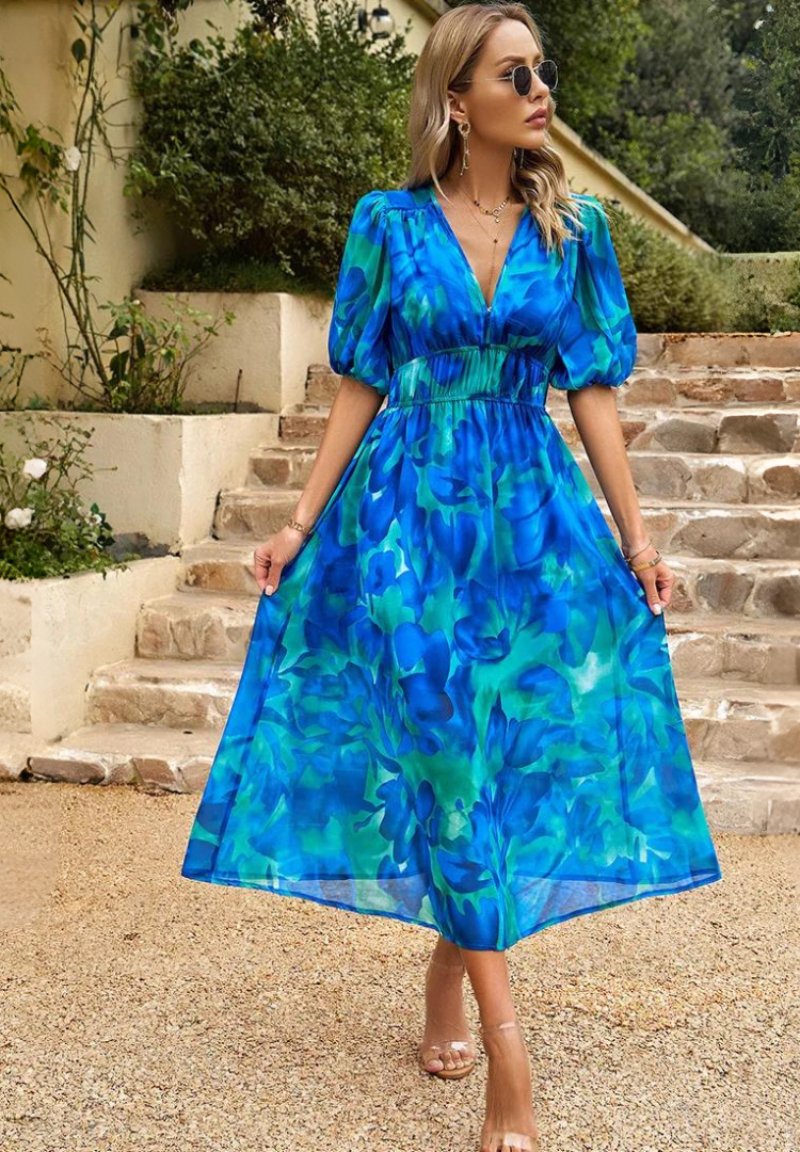 Jolene | Wedding Guest Dress Midi Dress Women Floral V-Neck Short Sleeve Formal Fall Winter