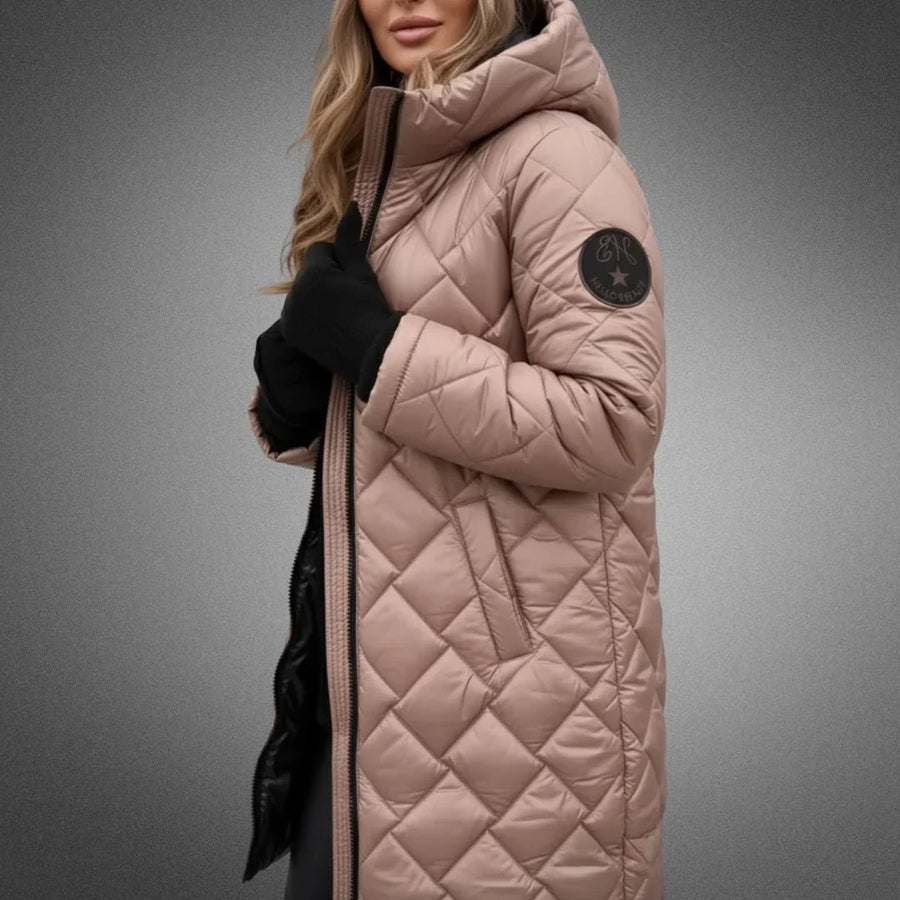 Halle | Puffer Jacket Puffer Coat Quilted Winter Warm Hooded Longline Diamond Quilt Zip Up