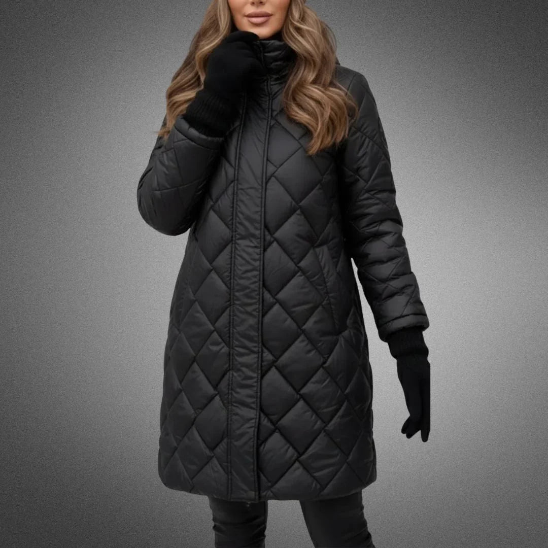 Halle | Puffer Jacket Puffer Coat Quilted Winter Warm Hooded Longline Diamond Quilt Zip Up