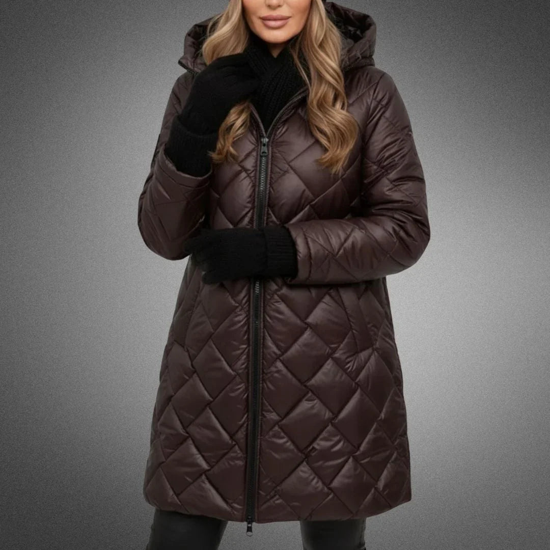 Halle | Puffer Jacket Puffer Coat Quilted Winter Warm Hooded Longline Diamond Quilt Zip Up