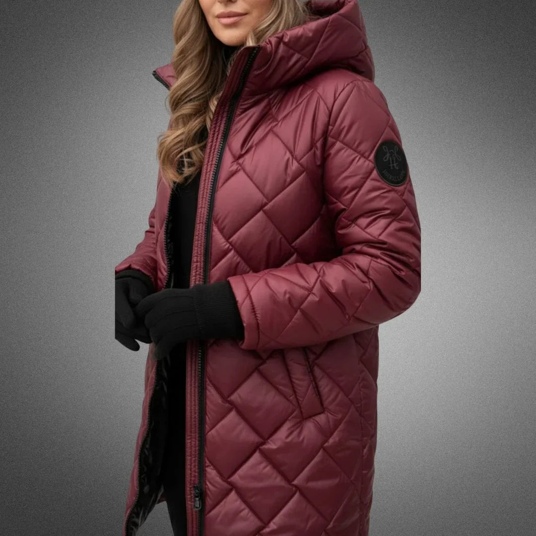 Halle | Puffer Jacket Puffer Coat Quilted Winter Warm Hooded Longline Diamond Quilt Zip Up