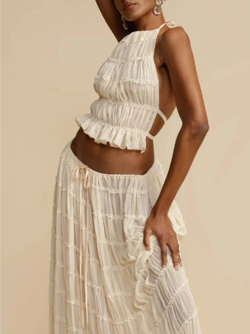 Wren | Maxi Skirt Long Skirt Women Pleated Tiered Drawstring Flowy Boho High Waist Fall