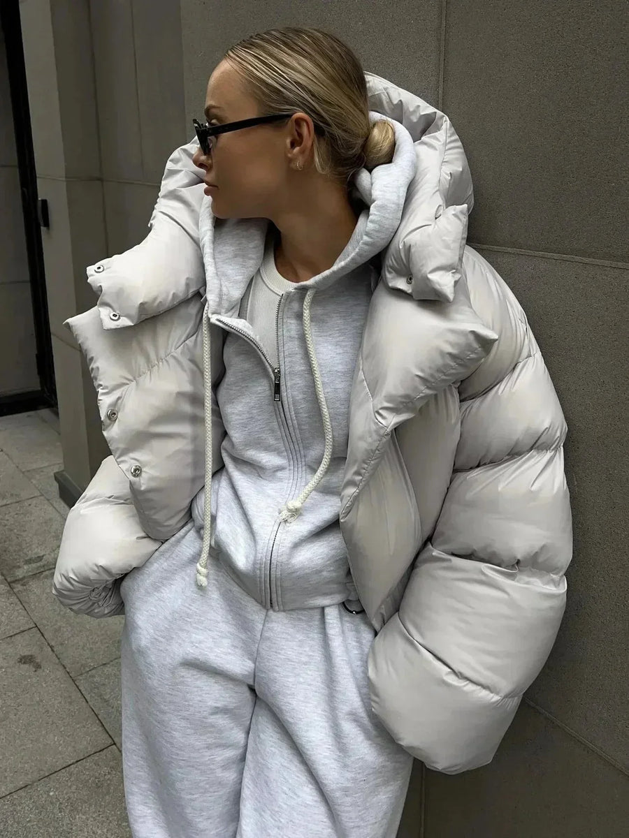 Iris | Puffer Jacket Quilted Winter Warm Hooded Oversized Padded Stand Collar Button Front Casual
