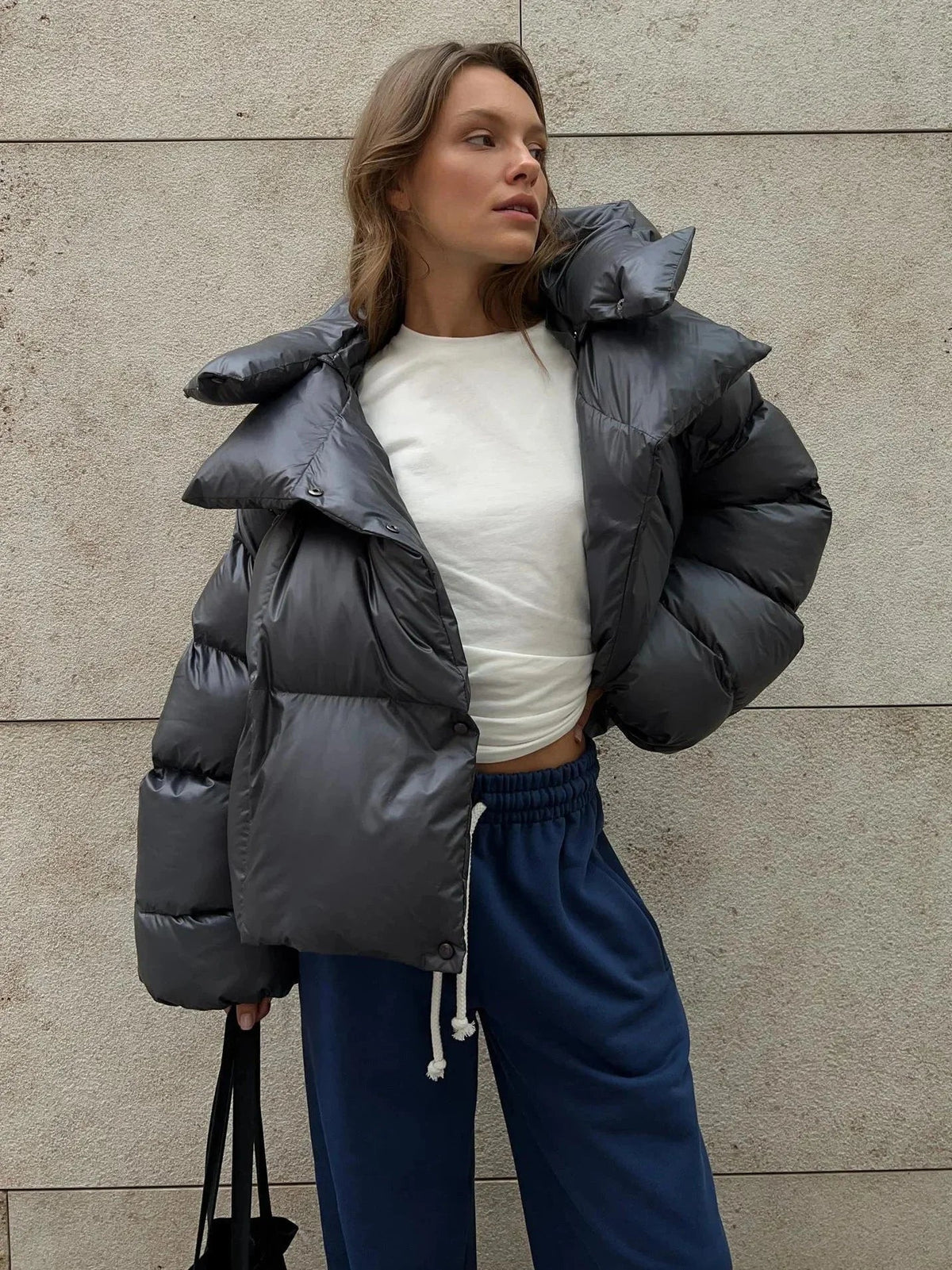 Iris | Puffer Jacket Quilted Winter Warm Hooded Oversized Padded Stand Collar Button Front Casual