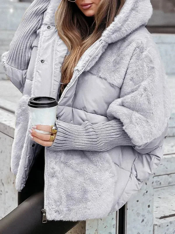 Greta | Puffer Jacket Quilted Winter Warm Hooded Teddy Fleece Zip Up Padded Ribbed Knit