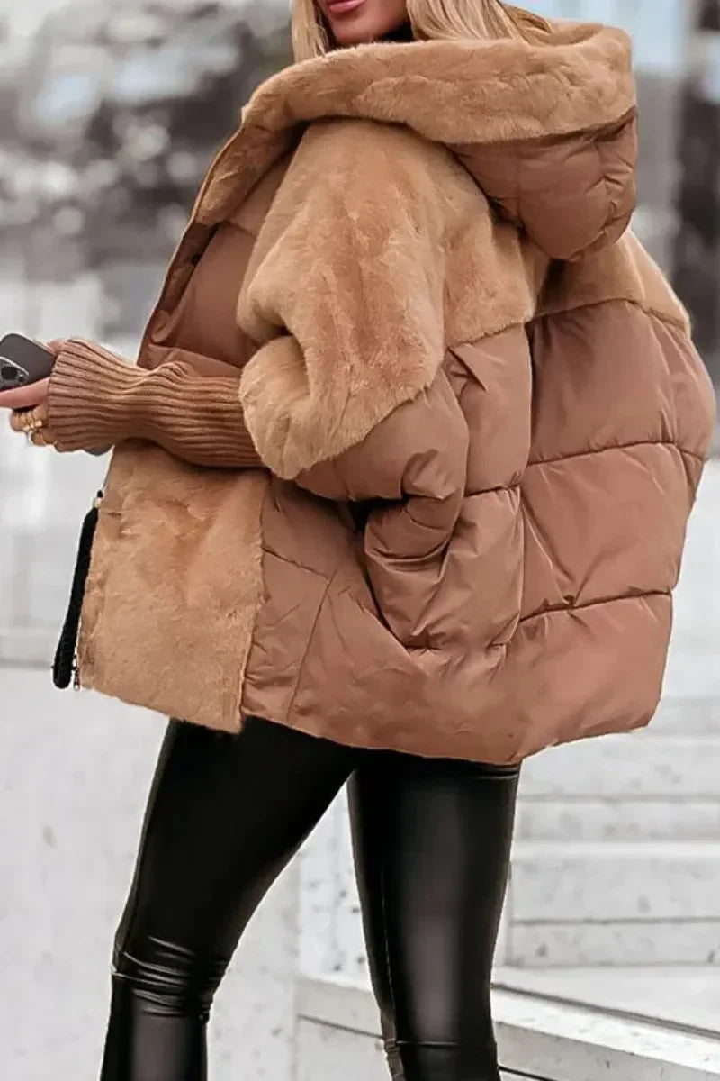 Greta | Puffer Jacket Quilted Winter Warm Hooded Teddy Fleece Zip Up Padded Ribbed Knit