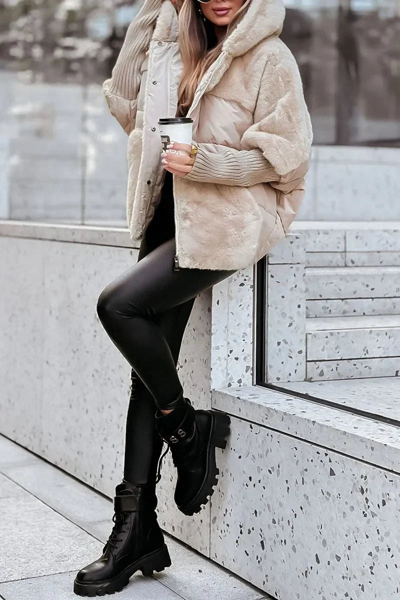 Greta | Puffer Jacket Quilted Winter Warm Hooded Teddy Fleece Zip Up Padded Ribbed Knit