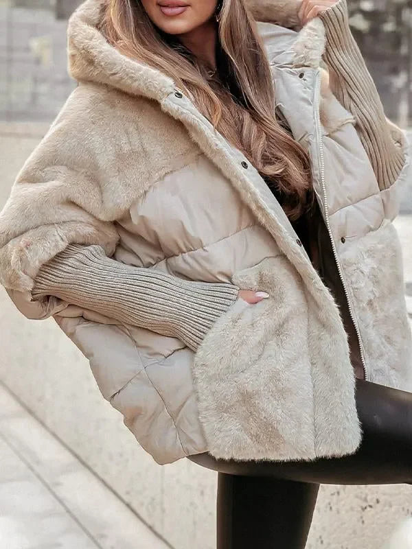 Greta | Puffer Jacket Quilted Winter Warm Hooded Teddy Fleece Zip Up Padded Ribbed Knit