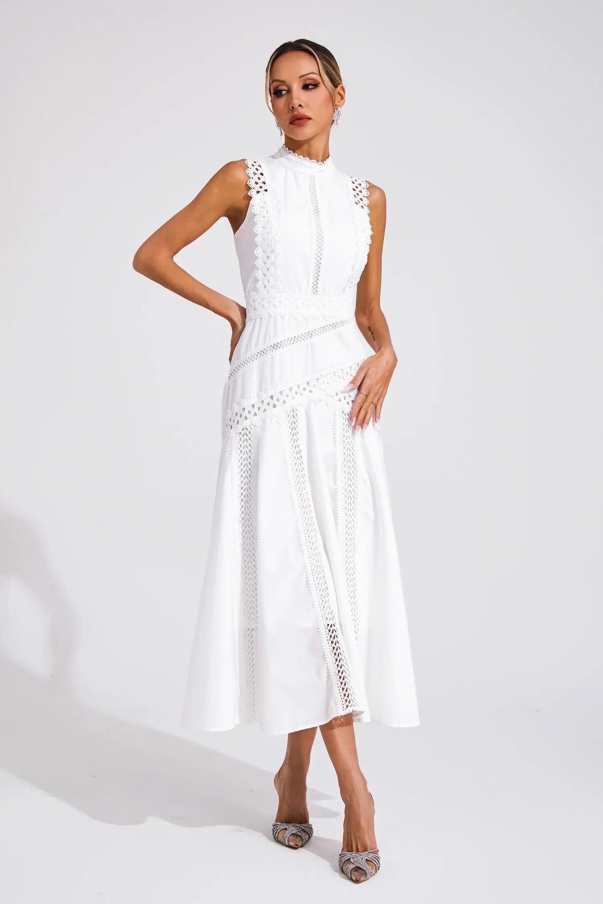 Colette | Wedding Guest Dress Midi Dress Women Lace Sleeveless Cutwork Cocktail Formal Garden Party