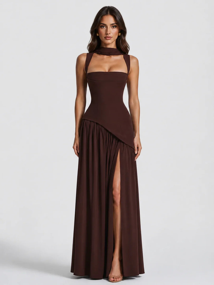 Adriana | Wedding Guest Dress Maxi Dress Women Halter Neck Square Neck Side Slit Draped